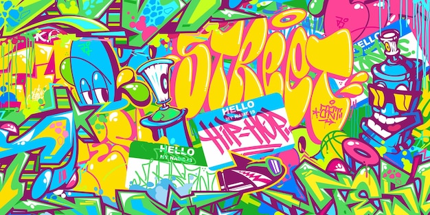 Trendy Colorful Abstract Urban Graffiti Style Sticker Bombing With Some Street Art Lettering Vector Illustration Background