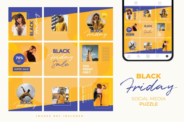 Trendy colorful black friday social media puzzle template per la vendita di prodotti e promozione di sconti