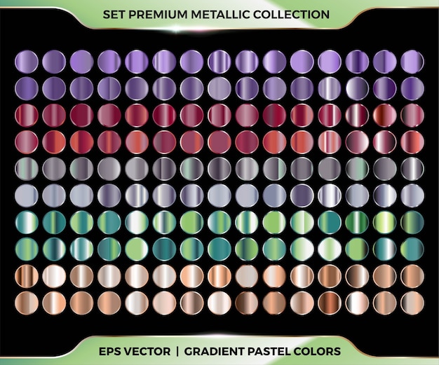 Trendy colorful gradient purple, maroon, silver, green, gold combination mega set collection of metal pastel palettes for border frame ribbon cover label templates