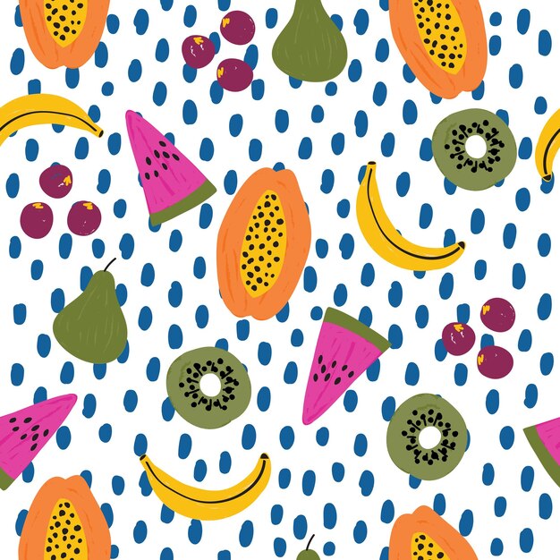 Trendy colourful of summer fruits mixed fruits bananaberrieskiwi papayabrush strokes style layer on polka dots seamless pattern vector fashion design fabric wallpaperwrap and all prints