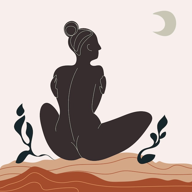 Trendy contemporary abstract silhouette of nude woman with moon vector