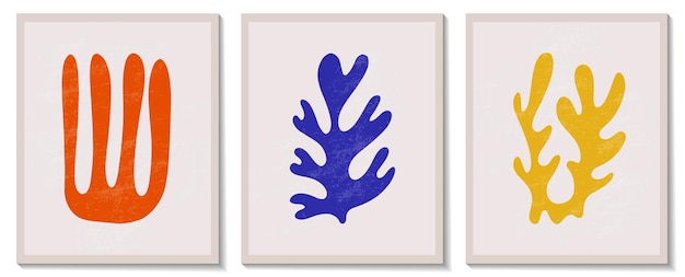 Trendy contemporary set of abstract matisse geometric minimalist artistic hand painted algae composition. Vector posters for wall decor in mid century modern style