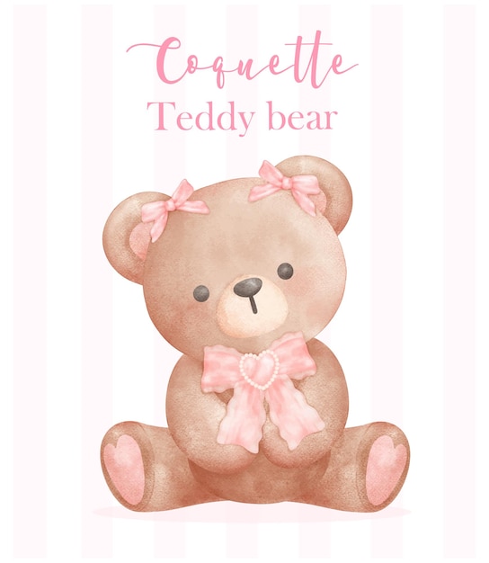 Trendy coquette teddy bear with pink ribbon bow retro vintage watercolor vector