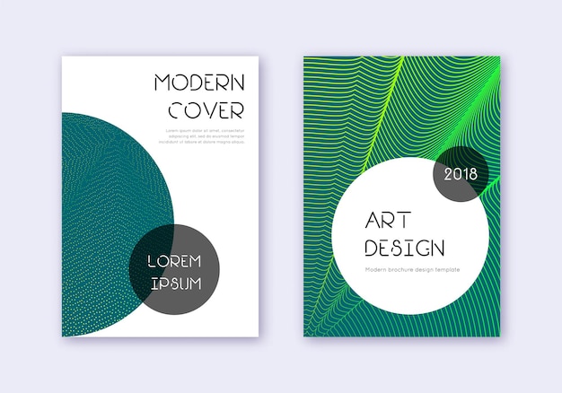 Trendy cover design template set. Green abstract lines on dark background. Gorgeous cover design. Pleasant catalog, poster, book template etc.