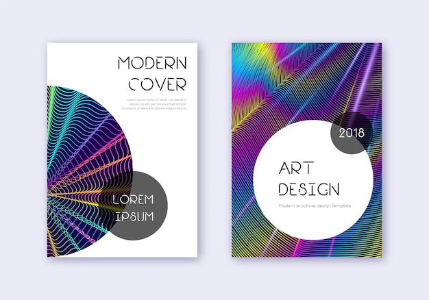 Trendy cover design template set. rainbow abstract lines on dark blue background. graceful cover design. superb catalog, poster, book template etc.