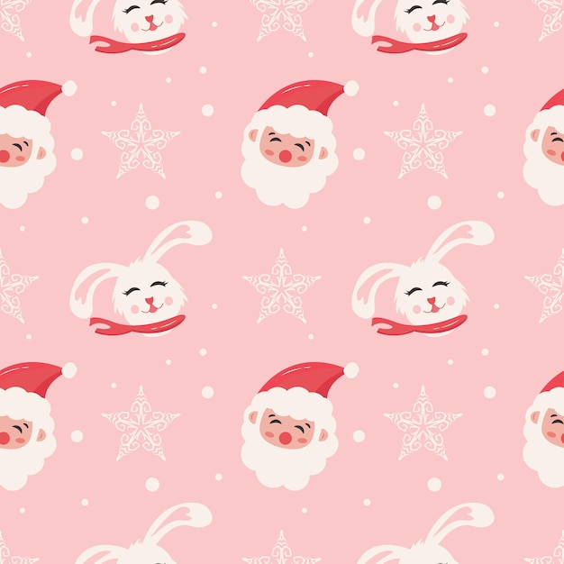 Trendy cute Happy New Year seamless pattern Merry Christmas Cute design cute rabbit hare santa snow