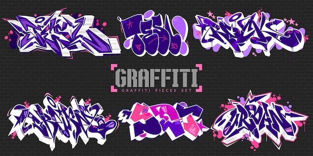 Trendy Dark Abstract Colorful Urban Street Art Lettering Vector Illustration Graffiti Pieces Set