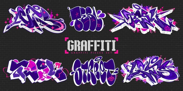 Trendy Dark Abstract Colorful Urban Street Art Lettering Vector Illustration Graffiti Pieces Set