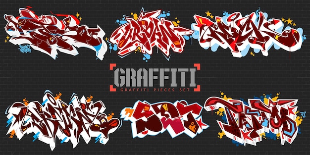 Vector trendy dark abstract kleurrijke stedelijke graffiti stijl street art lettering vector illustratie set