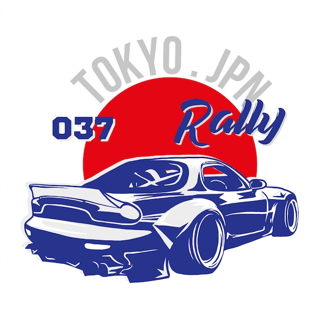 Vettore stampa grafica di moda alla moda per l'abbigliamento della maglietta con l'auto sportiva molto veloce tokyo japan blue per la gara di speed rally. illustrazione di stile moderno per felpa di marca bomber street wear