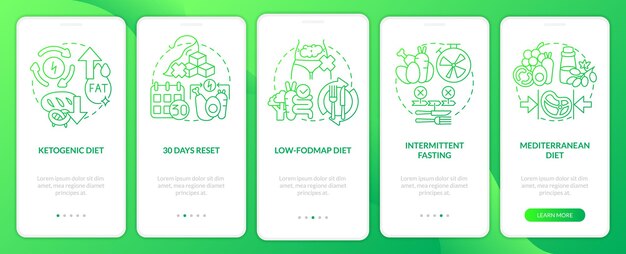 Trendy diets green gradient onboarding mobile app screen Nutrition walkthrough 5 steps graphic instructions pages with linear concepts UI UX GUI template Myriad ProBold Regular fonts used