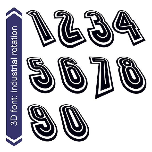 Trendy dimensionale verschuivingsnummers met rotatie-effect, creatieve geometrische ontwerpsymbolen.