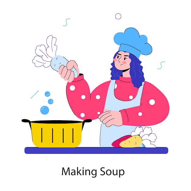 Trendy doodle mini-illustratie van het maken van soep