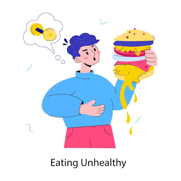 Vector trendy doodle mini illustration of eating unhealthy