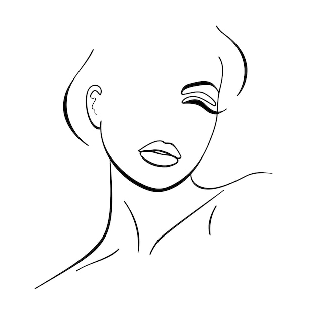 Trendy fashion contour drawing lineart portrait of a beautiful girl  abstract face beauty minimalism...