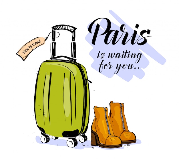 trendy fashion illustration with hand drawn women boots, baggage & quote