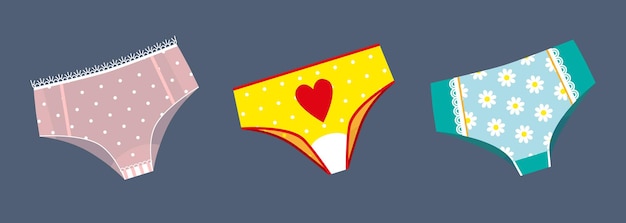 Vector trendy female underwear lingerie set transparent pink panties yellow ones with a heart panties with a floral print flat cartoon colorful vector illustrations isolated on a blue background