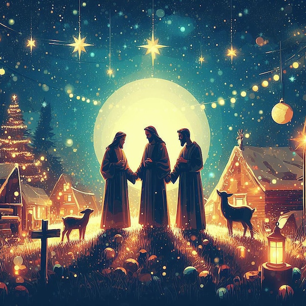 ベクトル トレンディなお祝いクリスマス クリスマス クリスチャン イエス ツリー シーン ベクトル イラストの壁紙画像