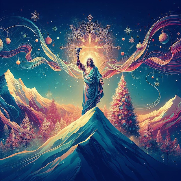 Trendy festive xmas christmas christian jesus tree scene vector illustration wallpaper image