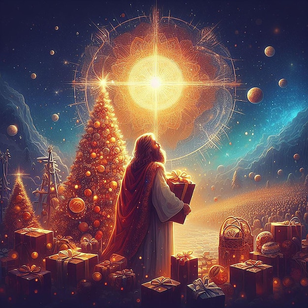 Trendy Festive Xmas Christmas Christian Jesus Tree Scene Vector Illustration Wallpaper Image