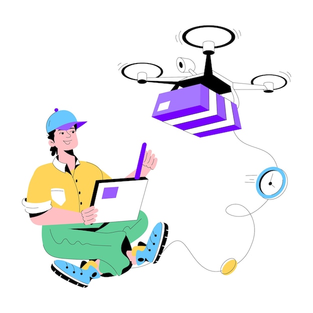 Vettore illustrazione piatta alla moda della consegna con i droni