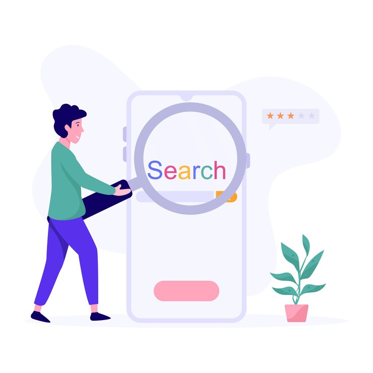 Vector trendy flat illustration of search the web mobile with magnifier