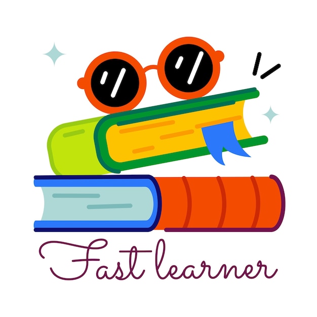 Vector trendy flat sticker of books with fast learner typography