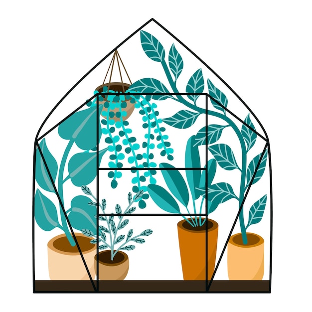 Trendy flat style greenhouse full of various plants