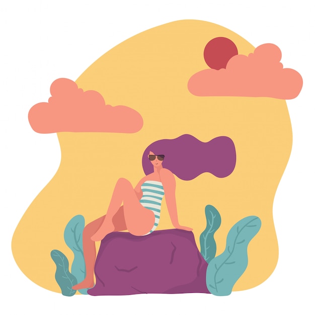 Trendy flat vector character woman in swimsuit and sunglasses