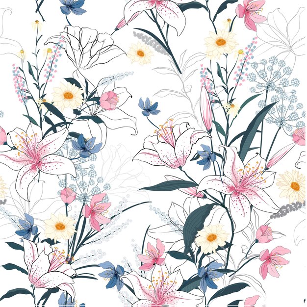 Trendy Floral pattern in the many kind of flowers Tropical botanical Motifs scattered random