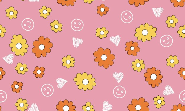 Trendy floral seamless pattern Set of vintage 70s style flower pink background illustration