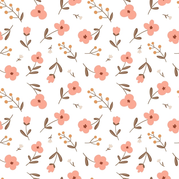 Trendy floral seamless pattern Simple pink small flowers and berries in vector