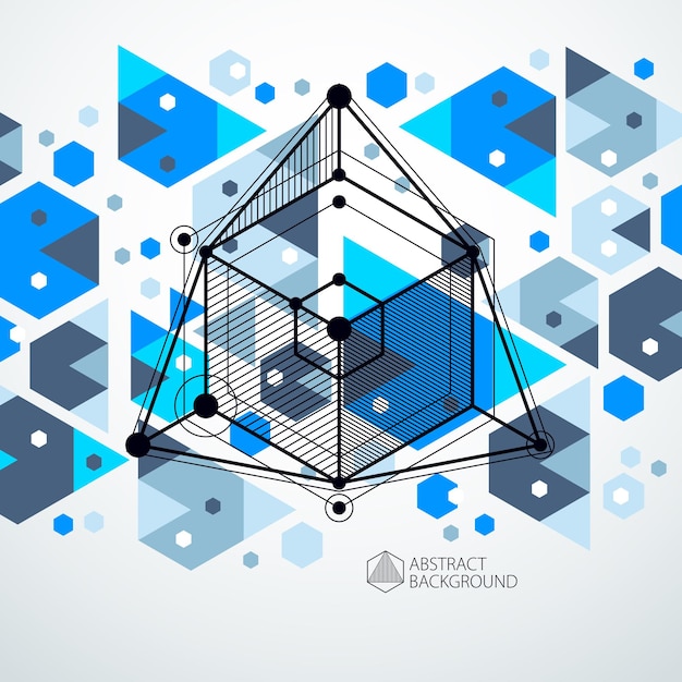 トレンディな幾何学的なベクトルパターン、テクスチャの抽象的なキューブメッシュ青い背景。技術計画、グラフィックおよびwebデザインで使用するための抽象的なエンジニアリングドラフト。
