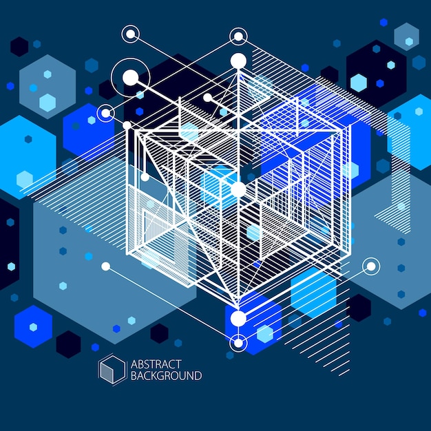 Trendy geometric vector pattern, textured abstract cube mesh blue black background. Technical plan, abstract engineering draft for use in graphic and web design.
