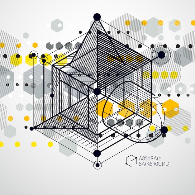 Trendy geometric vector pattern, textured abstract cube mesh yellow background. Technical plan, abstract engineering draft for use in graphic and web design.