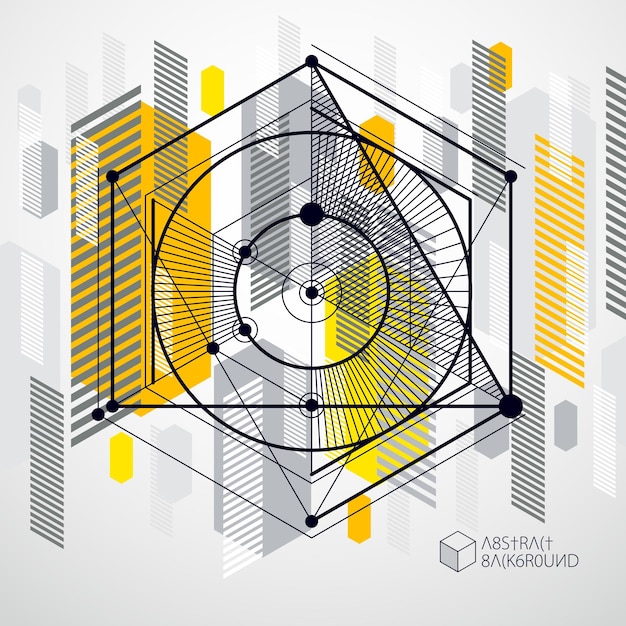 트렌디한 기하학적 벡터 패턴, 질감된 추상 큐브 메쉬 노란색 배경. 기술 계획, 그래픽 및 웹 디자인에 사용하기 위한 추상 엔지니어링 초안.