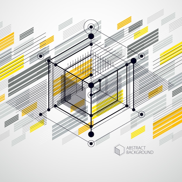 트렌디한 기하학적 벡터 패턴, 질감된 추상 큐브 메쉬 노란색 배경. 기술 계획, 그래픽 및 웹 디자인에 사용하기 위한 추상 엔지니어링 초안.