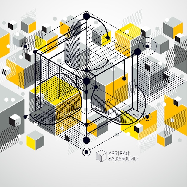 Vettore reticolo geometrico alla moda, priorità bassa gialla della maglia del cubo astratto strutturato. piano tecnico, bozza di ingegneria astratta per l'uso in grafica e web design.