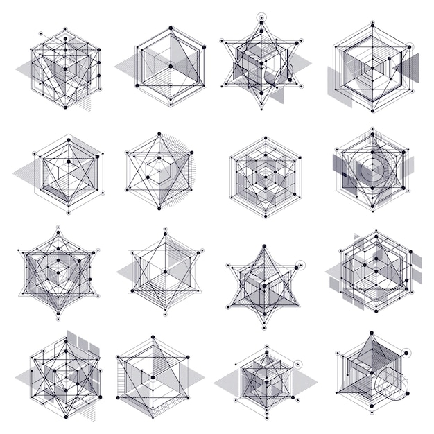 トレンディな幾何学的なベクトルパターンセット、テクスチャの抽象的なキューブメッシュ黒と白の背景。技術計画、グラフィックおよびWebデザインで使用するための抽象的なエンジニアリングドラフト。
