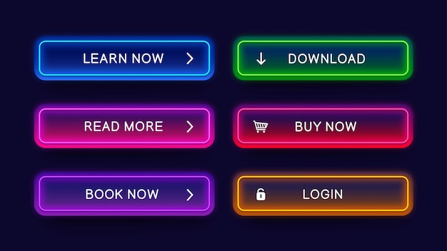 Vector trendy glow neon buttons for web design abstract vector neon buttons isolated on dark background ready web concept element for website