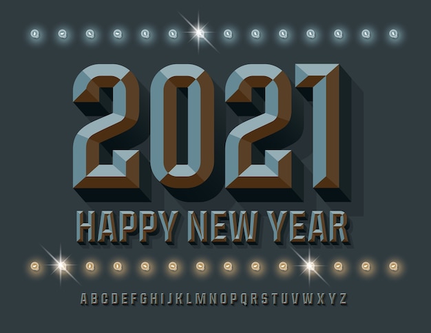 Biglietto di auguri alla moda felice anno nuovo 2021! carattere isometrico grigio. set di lettere e numeri di alfabeto smussato alla moda