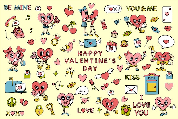 Trendy groovy Valentijnsdag sticker set retro Valentijnsdag ss esthetiek vintage komische vector