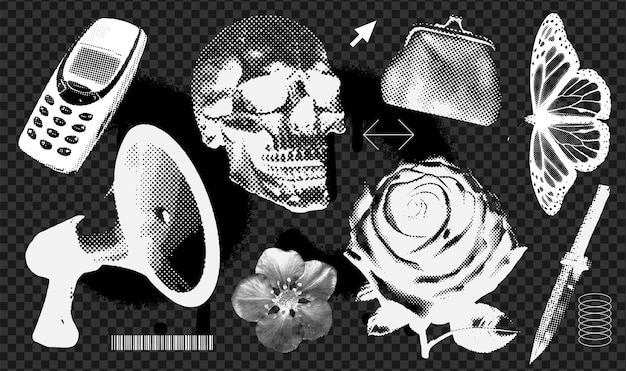 Trendy grunge texture elements set with a retro halftone grain effect dotted negative photocopy