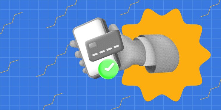 Вектор модная полутоновая 3d-иллюстрация руки, держащей смартфон и кредитную карту с отметкой