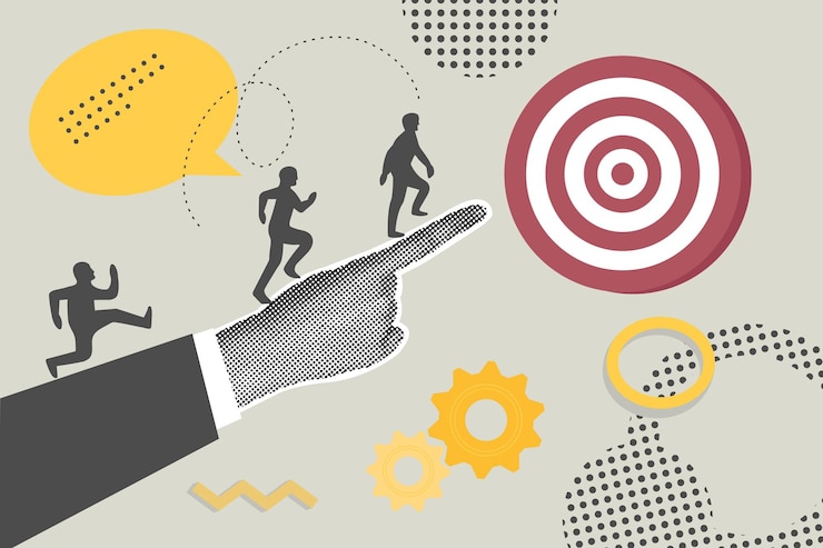 Vector trendy halftone business concept collageexecutive hand indicates targetteamworkretro style collage
