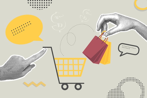 Vector trendy halftone collage of business concept in retro style shopping cart and hands with shopping