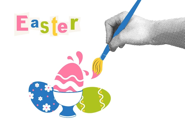 Trendy halftone collage hand with a brush dyes eggs for bright easter social media communication