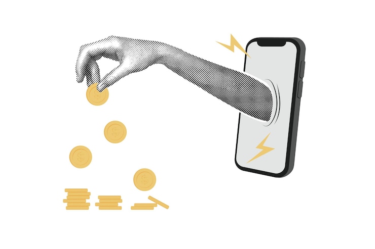 Vector trendy halftone collage hand with coins stacks of coinspayment concept financial planning