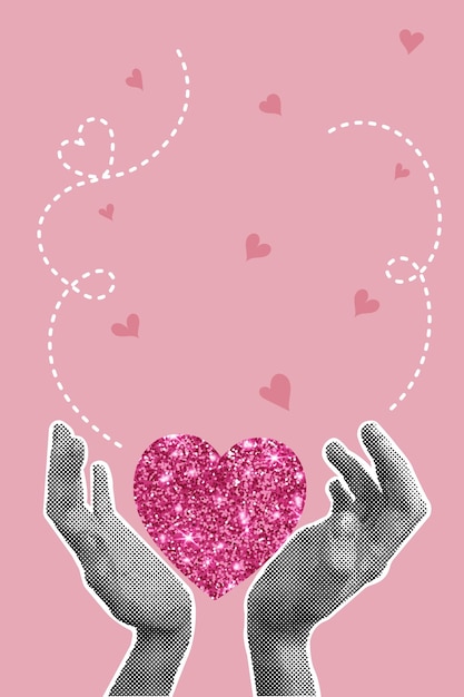 Trendy halftone collage Hands holding a rose heart cut out of paper Trendy retro collage