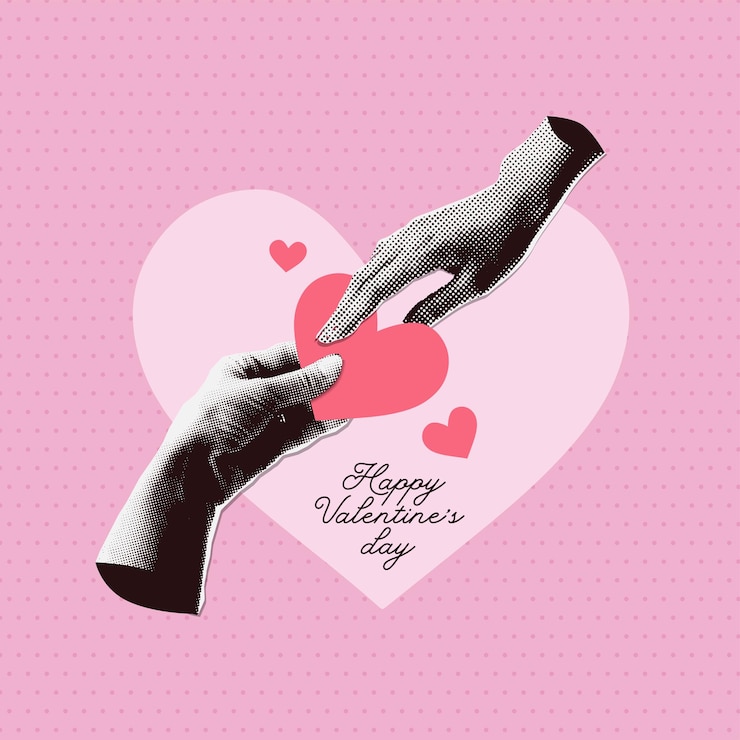 Vector trendy halftone collage two hands holding floating hearts social media banner or cover happy